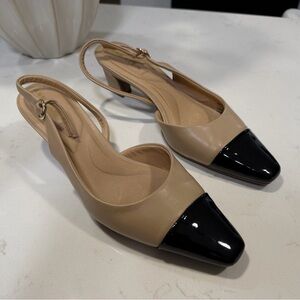 Anne Klein iflex Nude & Black Cap Toe Slingback Heels